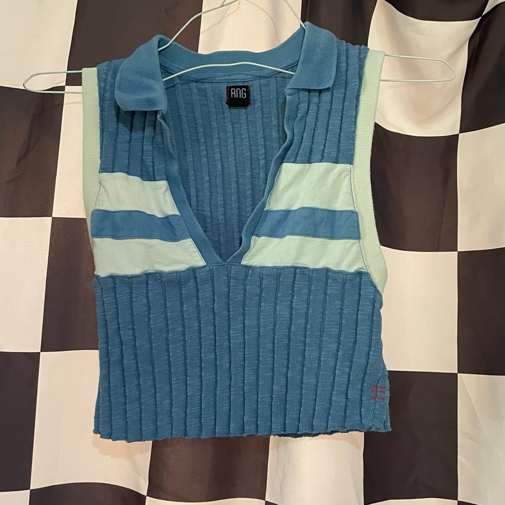 BDG Ziggy Blue and White Ribbed Tank Top, Notched Collar